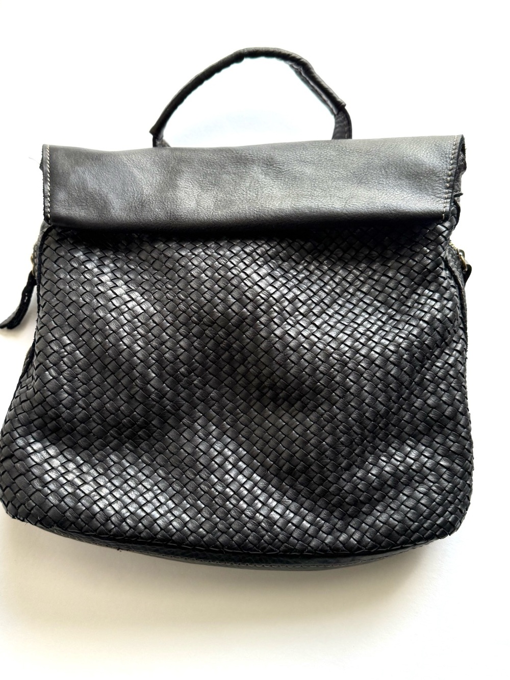 Woven Italian Leather Top-Handle Bag in Black
